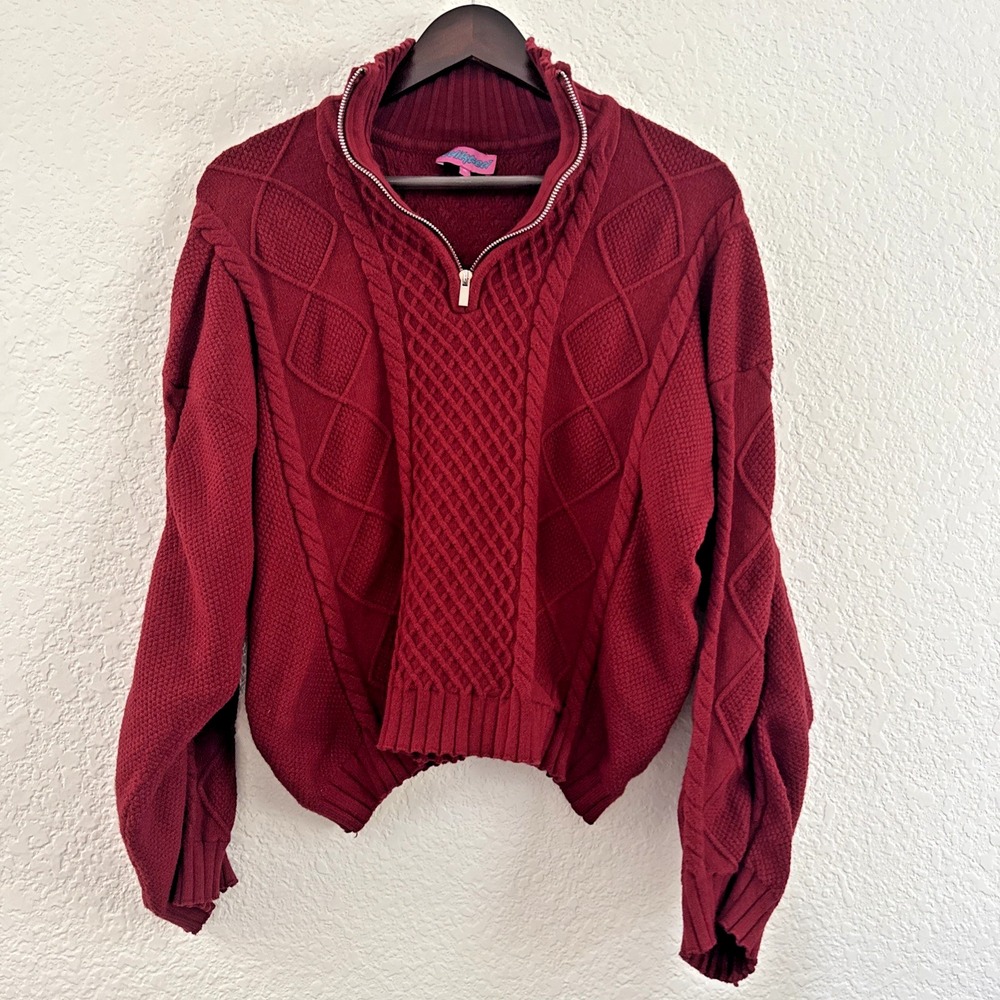 Edikted Quarter Zip Cable Knit Sweater Burgundy Size XL Diamond Pattern Ribbed